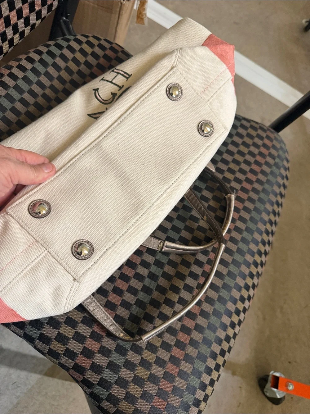 Coach Cream Canvas Tote with Pink Stripe & Metallic Handles